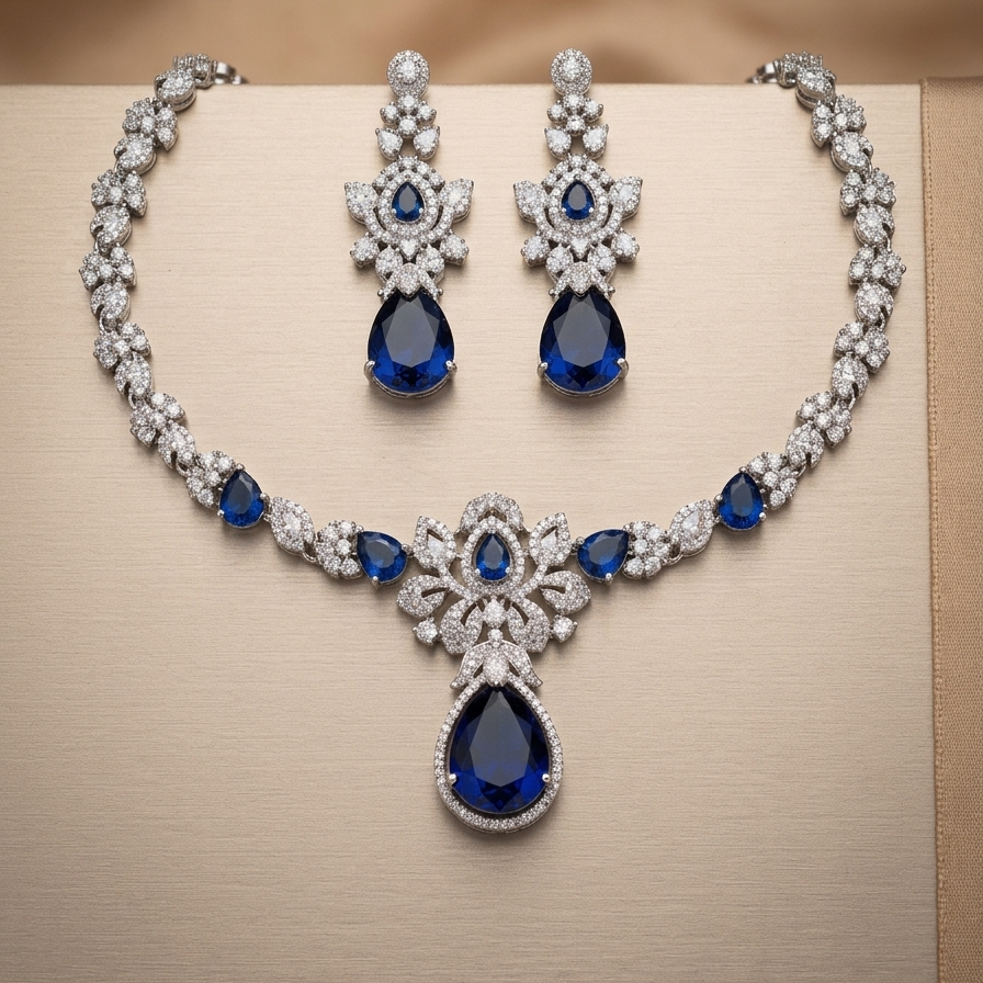 Blue Royale Bloom American Diamond Necklace Set