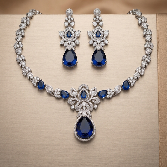 Blue Royale Bloom American Diamond Necklace Set