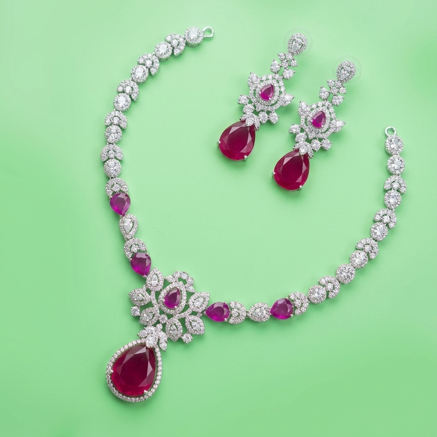 Crimson Royale Bloom American Diamond  Necklace Set for your perfect occassion