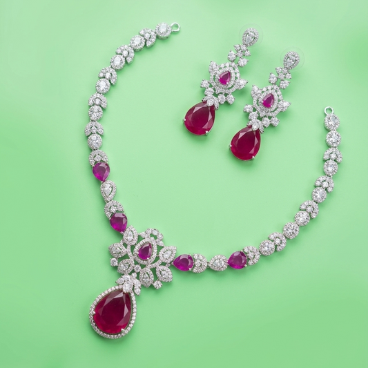 Crimson Royale Bloom American Diamond  Necklace Set for your perfect occassion